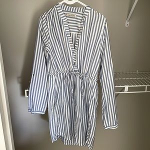 Pin stripe blue and white button front shirt dress
